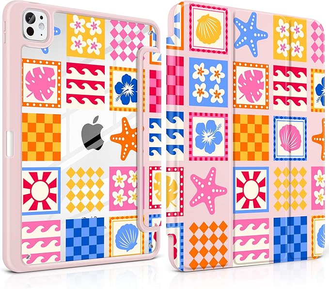 Case for iPad Pro 13 Inch (M5 2025 M4 2024) – [Built-in Pencil Holder], Shockproof & Stylish, Clear Hard Back + Soft TPU Edge, Magnetic Trifold Stand, Auto Wake/Sleep, Beach Fun