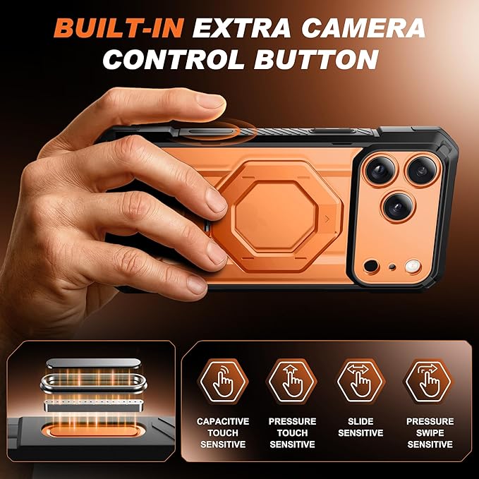 TONGATE for iPhone 17 Pro Max Case with 360° Spin Magnetic Stand, [Compatible with MagSafe][Military-Grade Protection] with Privacy Screen Protector & Camera Control Cover for 17 ProMax, Clear Orange