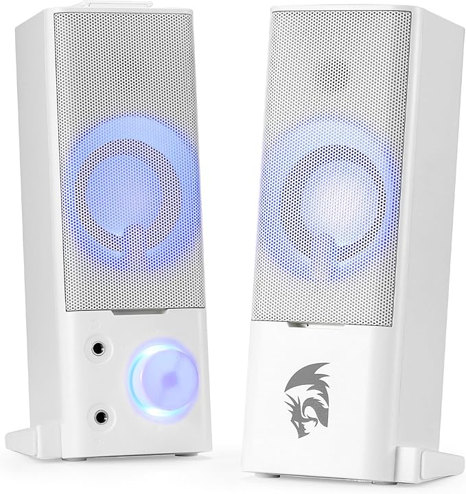 Redragon GS550 PC Gaming Speakers, 2.0 Channel Desktop Computer Sound Bar with Compact Maneuverable Size, Headphone Jack, Quality Bass & Decent Red Backlit, USB Powered w/ 3.5mm Cable, White