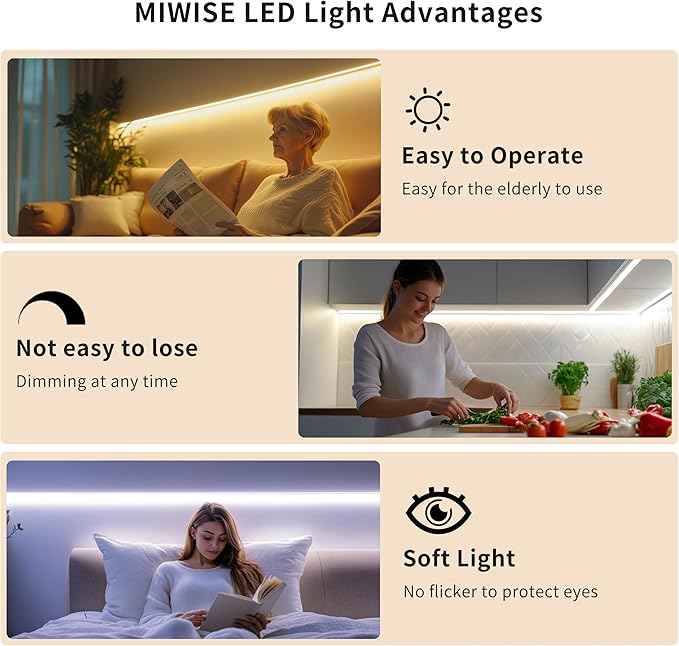 MIWISE COB LED Strip Light 32.8ft/10m,CRI 90+ Warm White 3000K High Lumen Dimmable Super Bright Flexible DC24V LED Tape Light with Controller/Dimmer,for Cabinet Home Office DIY Lighting Projects