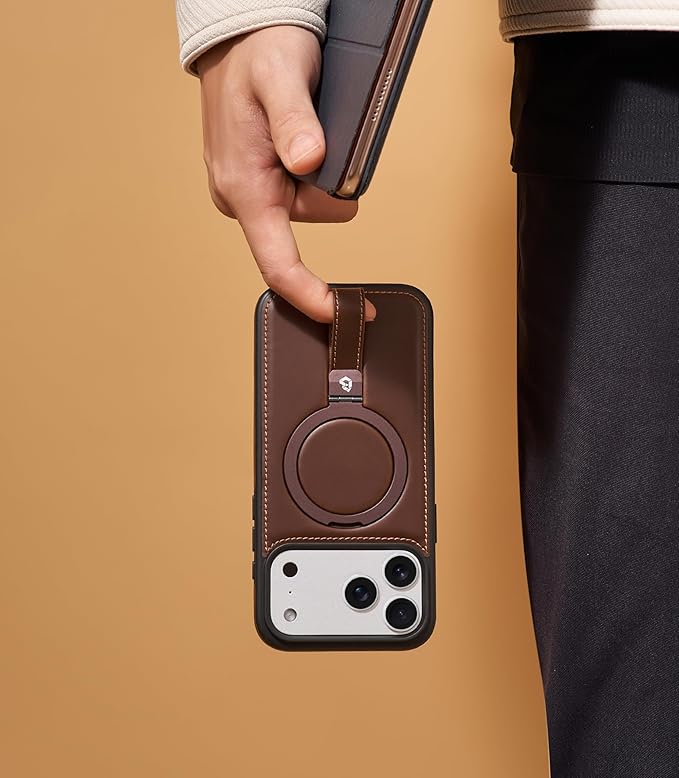 Butaiga for iPhone 17 Pro Leather Case with Stand, Anti-Slip Grip Ring, Fits for MagSafe (Cocoa, iPhone 17 Pro)