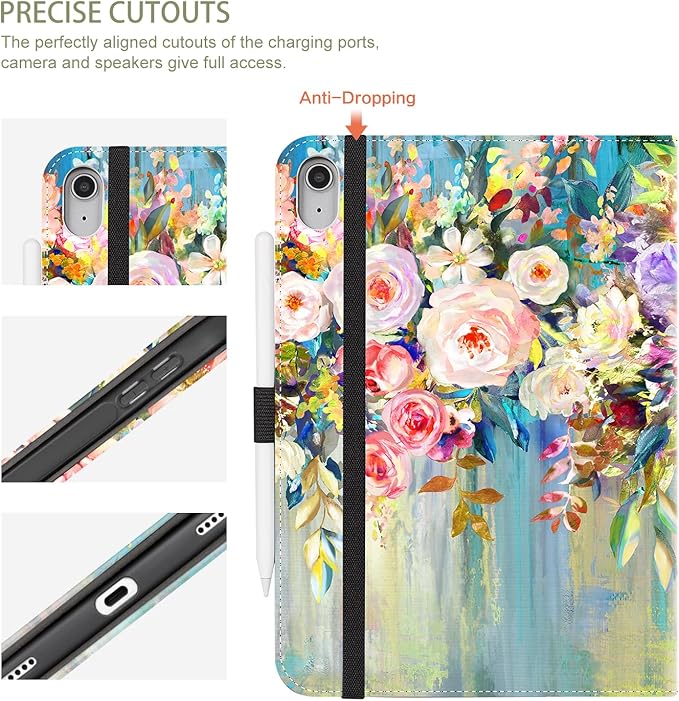 for iPad (A16) 11Th/10Th Generation Case 2025/2022,Flower for iPad Case 11Th/10Th Generation,10Th/11Th Gen iPadCase Cover Pencil Holder/Hand Strap/Pocket/Adjustable Stand, Oil Painting Floral