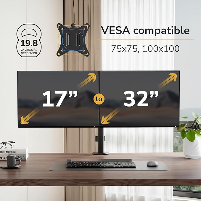 Mount-It! Dual Monitor Stand, Full Motion Desk Mount for 2 Screens up to 32” and 19.8 lbs Each, Tilt Swivel Rotate, VESA 75x75 & 100x100, Adjustable Dual Screen Arm with C-Clamp or Grommet