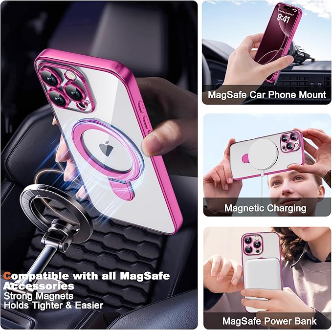 Compatible with iPhone 16 Pro Case with Magnetic Ring Stand [Compatible with Mag-Safe] [Full Camera Lens Protector] Soft Plating Clear Phone Case for iPhone 16 Pro 6.3", Rose