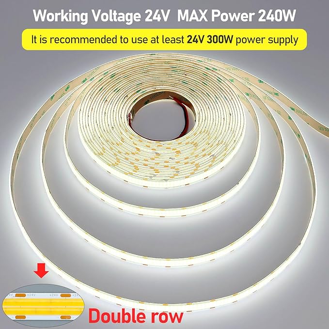 GOMING 32.8ft(10M) DC 24V Double Row COB LED Strip Light Cool White 6000K IP65 Waterproof 6000LEDs CRI 93+ 20000lm Uniform Glow Dotless Flexible LED Tape Lights for DIY Home Decor(No Power Supply)