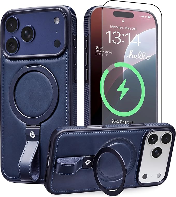 Butaiga for iPhone 17 Pro Max Leather Case with Stand, Anti-Slip Grip Ring, Fits for MagSafe (Blue, iPhone 17 Pro Max)