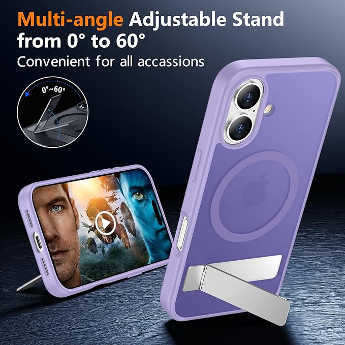 SPIDERCASE Magnetic for iPhone 16 Case,with [3 Stand Ways] [Military Grade Drop Protection] with Invisible Stand Shockproof Slim Phone Case for iPhone 16 6.1'',Light Purple