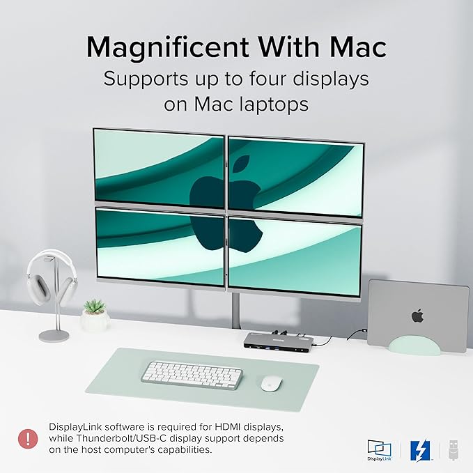 Plugable Thunderbolt 4 Dock for Quad Monitors 100W, Thunderbolt Docking Station Connects up to Four 4K Monitors for Windows and Mac Laptops, 2x HDMI, 4x Thunderbolt 4/USB C, Driver Required TBT-6950PD