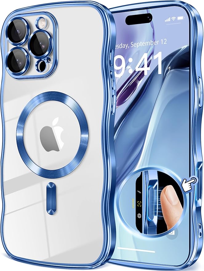 GVIEWIN for iPhone 16 Pro Case Compatible with MagSafe, Upgraded [Full Camera Protection][Cute Wave Frame][Military Grade Protection] Electroplated Soft Phone Cover for Women Girl, Clear/Light Blue