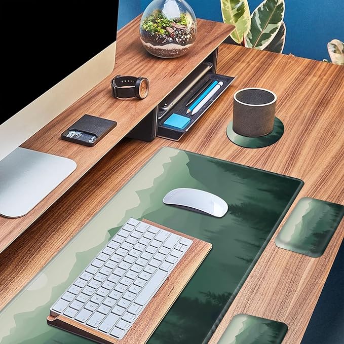 Wrist Elbow Support Arm Rest Desk Mouse Pad Set,Large Mouse Pad + 2 Elbow Rest Pad + Coaster,(31.5×11.8 in) Ergonomic Memory Foam for Office,Gaming,Computer,Laptop-Fog Forest