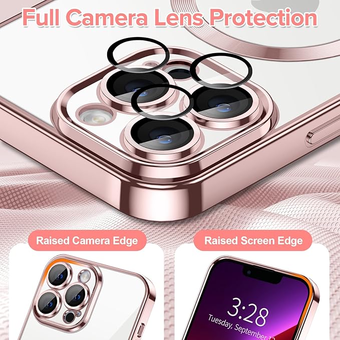 Hython Magnetic Clear for iPhone 13 Pro Case with Camera Lens Protector [Compatible with MagSafe] Luxury Plating Edge Slim Soft TPU Cover Protective Phone Case for iPhone 13 Pro 6.1", Pink