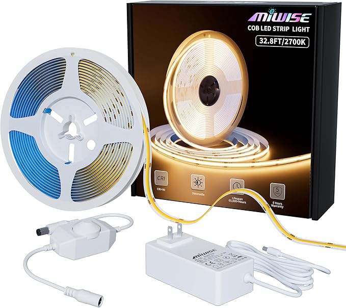 MIWISE COB LED Strip Light 32.8ft/10m,CRI 90+ Warm White 2700K High Lumen Dimmable Super Bright Flexible DC24V LED Tape Light with Controller/Dimmer,for Cabinet Home Office DIY Lighting Projects