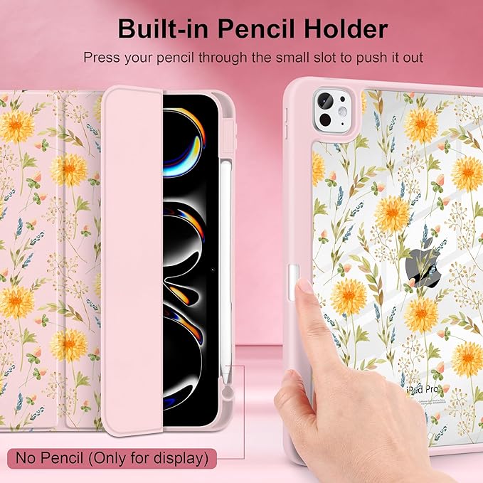 Case for iPad Pro 11 Inch (M5 2025 M4 2024) – [Built-in Pencil Holder], Shockproof & Stylish, Clear Hard Back + Soft TPU Edge, Magnetic Trifold Stand, Auto Wake/Sleep, Yellow Floral