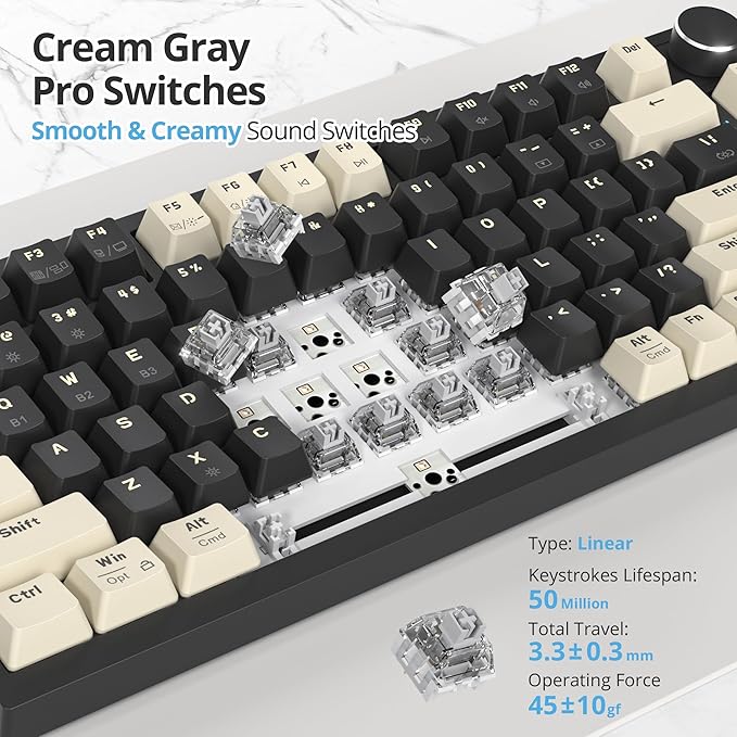 400PRO 75% Wireless Creamy Mechanical Keyboard Black, Gasket Hot Swappable RGB Gaming Keyboard, Bluetooth/2.4GHz/USB-C Thocky Keyboard with Pre-lubed Cream Grey Switches (82 Black)