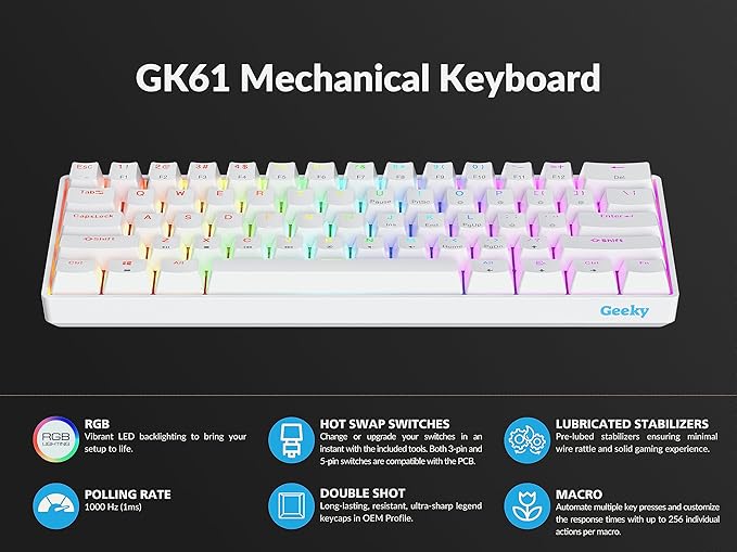 Geeky GK61 60% | Hot Swappable Mechanical Gaming Keyboard | 61 Keys Multi Color RGB LED Backlit for PC/Mac Gamer | ANSI US American Layout (White, Mechanical Speed Yellow)