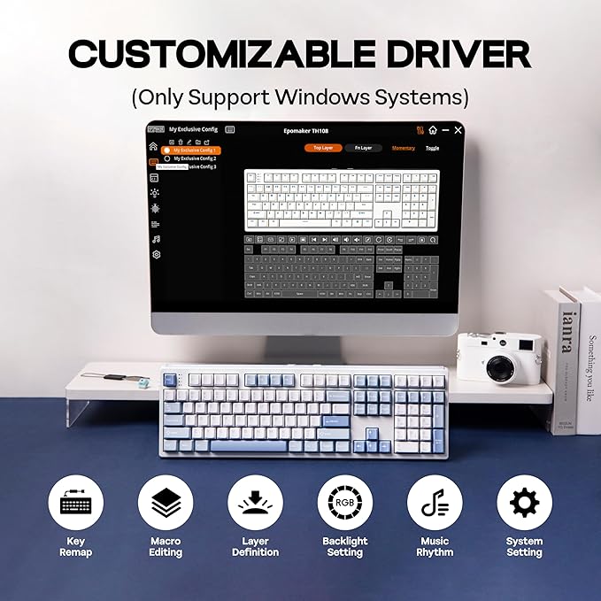 MechLands EPOMAKER TH108 Full Size Mechanical Keyboard, Wireless Gaming Keyboard, 8000mAh Battery, Creamy Gasket, 108 Keys, Hot Swap, Custom Driver, RGB Backlights (Blue&White, Sea Salt Silent Switch)