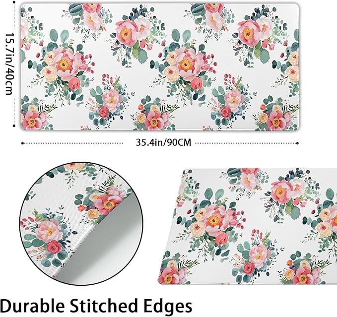 Pink Floral Mouse Pad Large Watercolor Pink Floral Mouse Pad Extended Non-Slip Mousepad with Stitched Edges 35.4x15.7 Inch Non-Slip Rubber Base Desktop Protectors Mats for Home Office Accessories