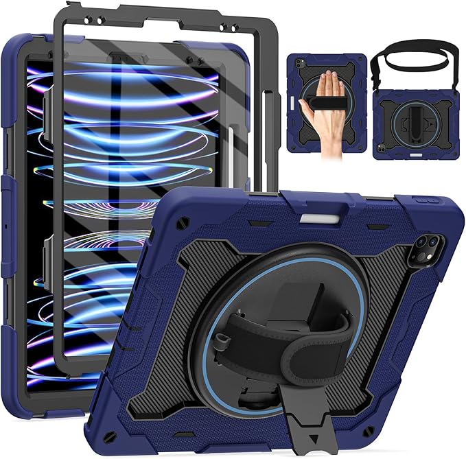 ROISKIN for iPad Pro 12.9 -Inch Case (6th, 5th, 4th & 3rd Gen) with HD Screen Protector, 360 Stand, Hand Strap, Pencil Holder,Shoulder Strap,Rugged Bulky Full Body 12.9 iPad Pro Case
