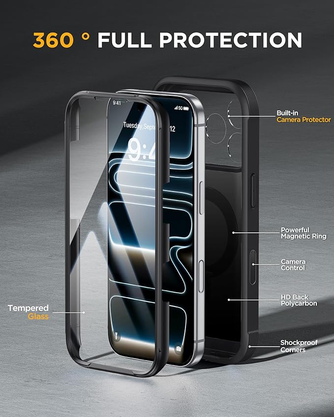 Miracase for iPhone 17 Pro Case with 360 Spin Magnetic Stand, Full-Body Phone Case with Built-in Glass Screen Protector & Camera Control, Drop Proof iPhone 17 Pro Cover, Black
