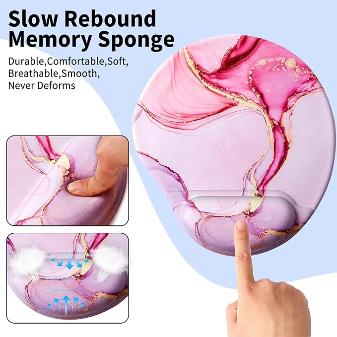 Ergonomic Mouse Pad with Wrist Support,Cute Mouse Pads with Wrist Rest,Comfortable Mouse Pad for Home Office Gaming Working Computers Laptop,Pain Relief with Non-Slip PU Base (Pink Marble)