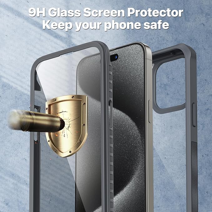 CENHUFO Privacy for iPhone 15 Pro Case, Full Body Phone Case with Built-in 9H Tempered Glass Privacy Screen Protector and Camera Lens Protector, Anti Peep Spy Shockproof Bumper Clear Cover - Grey