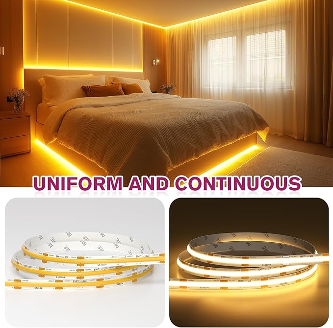 EMITEVER COB LED Strip Lights Warm White, 2700K Tape Light Premium High Density, DC 24V, 360+Lumens/ft, 5120LEDs/Spool, Ra 90+, 32.8ft/10m,UL Listed 5 Year After-Service(Power Supply Sold Separately)