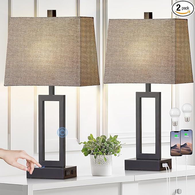 Rinweey 23.5" Touch Control Table Lamps Set of 2, Modern Bedside Lamps with USB A+C Ports & AC Outlet, 3 Way Dimmable Contemporary Nightstand Lamps for Bedroom Living Room Gray(LED Bulb Included)