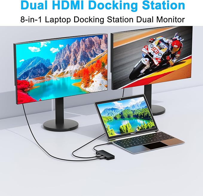 USB C Docking Station Dual Monitor for Dell/HP/Mac Laptop, Dual HDMI Adapter for 2 Monitors, HDMI Splitter for Dual Monitors Extended Display, 8 in 1 USB C Hub Multiport Adapter with HDMI/USB/PD/SD/TF