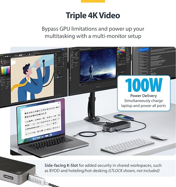 StarTech.com USB-C Triple Monitor Docking Station for MacBook Pro / Air M1 M2 M3 M4 & Windows, Universal 4K HDMI DP Dock, Thunderbolt Compatible, 100W Laptop Charging (116N-USBC-DOCK)