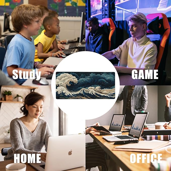 Japanese Ocean Waves Large Gaming Mouse Pad,Waterproof Desk Mat for Desktop,Non-Slip Rubber Base Mousepad with Stitched Edges for Laptop Office and Home 35.4X15.7 Inch