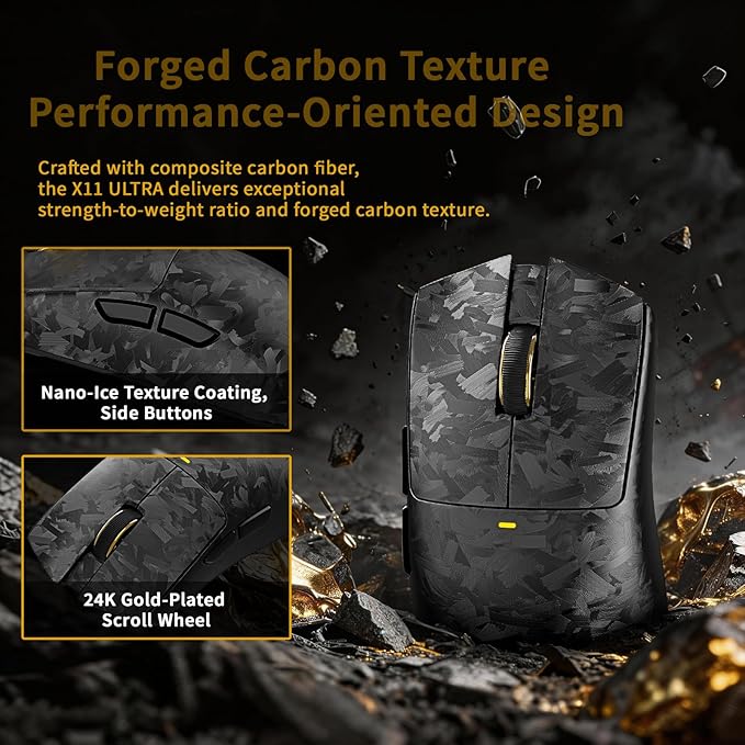 ATTACK SHARK X11 Ultra 8K Carbon Fiber Wireless Gaming Mouse,Nordic 54L15 MCU,PAW3950MAX Sensor,59g Superlight,42000 DPI,BT/2.4Ghz/Wired Mouse with 100 Million Clicks,Programmable for Pc/Mac,Black