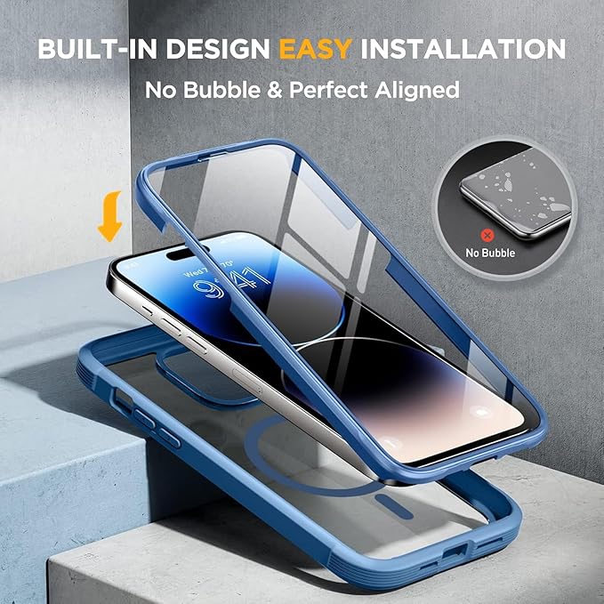 Miracase Magnetic for iPhone 14 Pro Case 6.1 inch, (Compatible with MagSafe) Upgrade Full-Body Clear Phone Bumper Case with Built-in 9H Tempered Glass Screen Protector, Magnetic Capri Blue