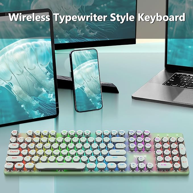Redragon K710 Wireless Typewriter Mechanical Gaming Keyboard, Bluetooth/2.4Ghz/Wired, RGB Led Backlit, Blue Switch - Clicky, Rechargeable, Solid Metal Panel, Round Keycaps, Green