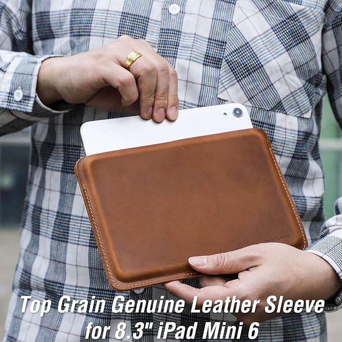 Top Grain Leather 8.3" Slim Tablet Sleeve Case Protector, Solid Minimalist Vintage Design, Fully Handmade, Compatible with 8.3" iPad mini 6 iPad mini 7.9" & Other Tablet, Brown 8.3 Inch