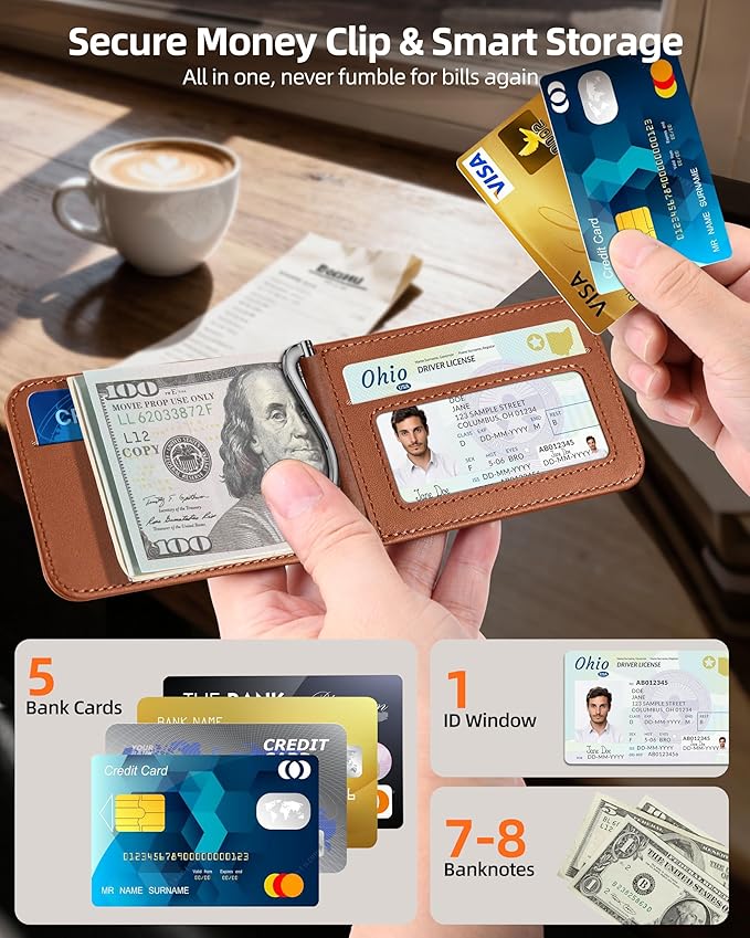 ExtreLife For Magsafe Wallet with Money Clip, Strongest Magnetic Wallet for iPhone 17/16/15/14/13/12 Series, Adjustable Stand, ID Window, 5 Card Holder, RFID Blocking, Not for 13/12 Mini, Brown