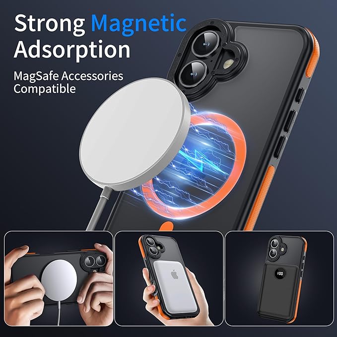 Strong Magnetic Case for iPhone 16 [10Ft Military-Grade Protection] Compatible with fit MagSafe Shockproof Slim Thin Cover 6.1 inch 16 Phone case, Orange Bumper