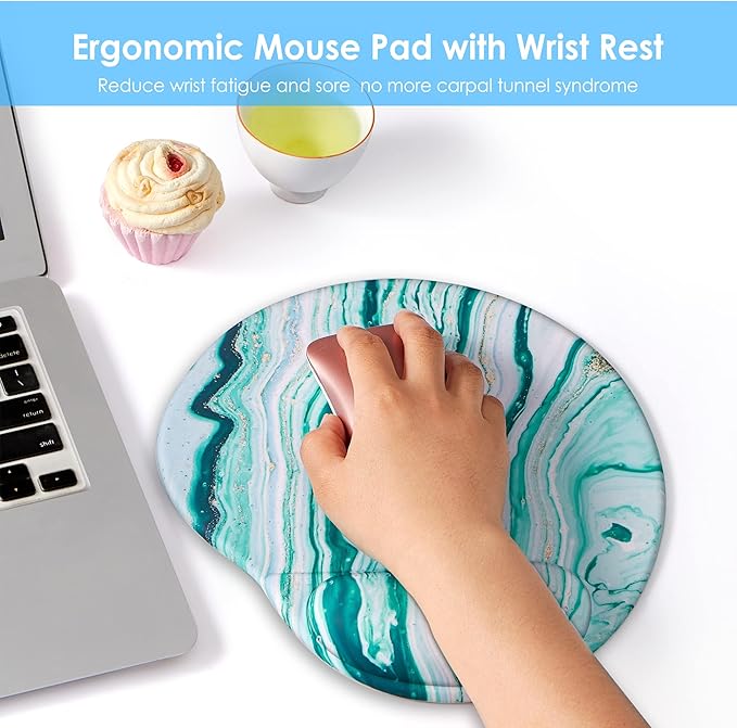 Ergonomic Mouse Pad with Wrist Support,Cute Mouse Pads with Wrist Rest,Comfortable Mouse Pad for Home Office Gaming Working Computers Laptop,Pain Relief with Non-Slip PU Base (Green Marble)