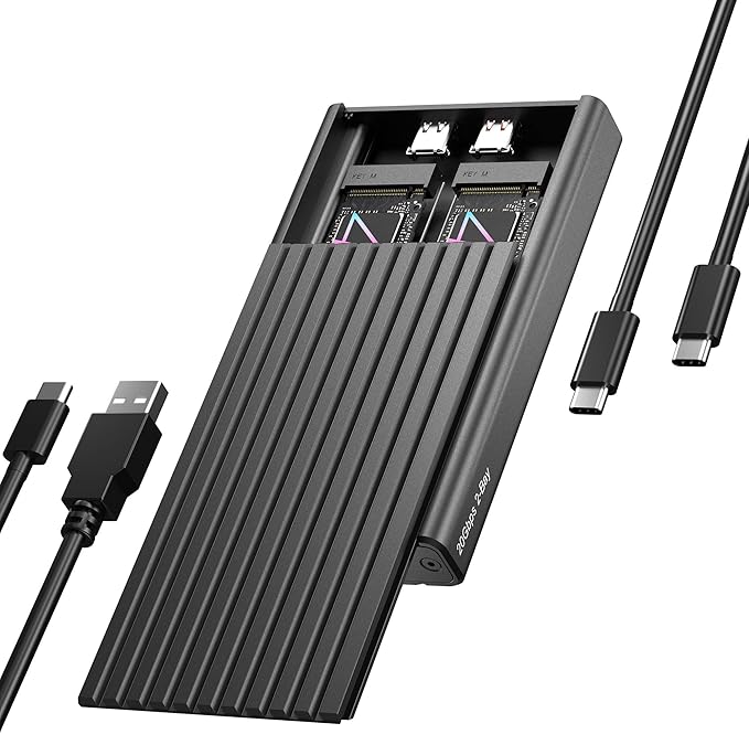 Dual M.2 NVMe SSD Enclosure, ICY BOX 20Gbps NVMe Enclosure, USB C to M2 Adapter for M Key PCIe 2230/2242/2260/2280 M.2 SSDs, Dual Bay Tool-Free Installation Aluminum SSDs Reader