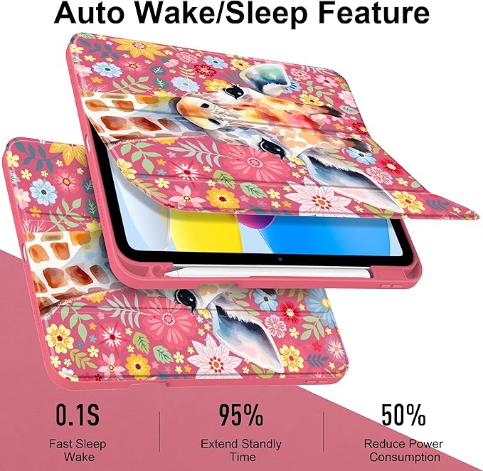 Case for iPad Air 13 inch 2026 M4 2025 M3 2024 M2 Release Slim Lightweight Shockproof Cute Hot Pink Cover with Clear Back TPU Edge Pencil Holder Trifold Stand Auto Wake Sleep, Giraffe