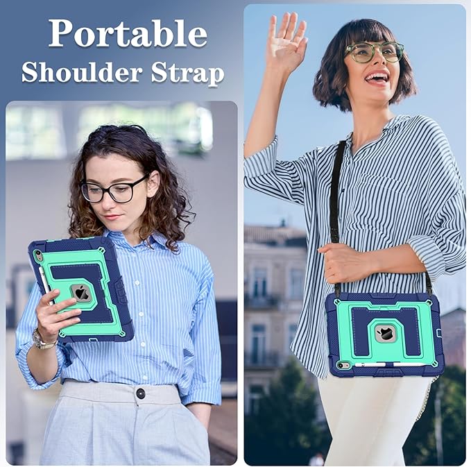 Kids Friendly Case for iPad A16 11th Generation 11 Inch 2025 / iPad 10th Generation 10.9" 2022 Case with Pencil Holder & Shoulder Strap, Hybrid iPad 11 10 Cover Rugged Shockproof Kickstand,Blue+Mint