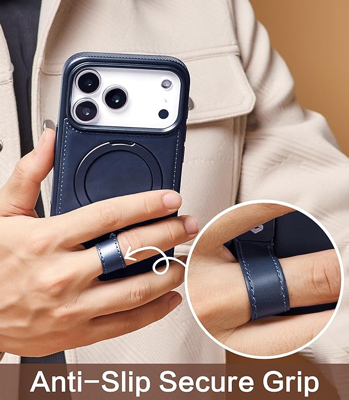 Butaiga for iPhone 17 Pro Max Leather Case with Stand, Anti-Slip Grip Ring, Fits for MagSafe (Blue, iPhone 17 Pro Max)