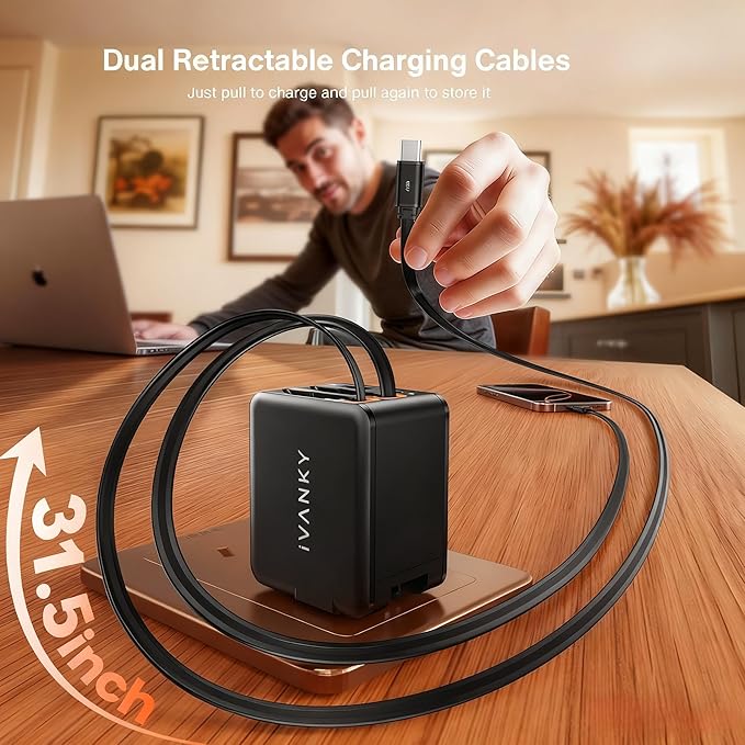4-in-1 Retractable GaN 45W Wall Charger Plug for iPhone 17, Travel Essentials Brick Multiport Dual 31.5" Cables (USB C+Lightning) Adapter Fast Charging Block for iPhone 17/16/15/14/13/12,MacBook Neo