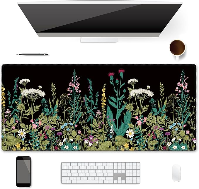 XXL Waterproof Office Desk Pad Protector 35.4x15.7 Inch - Extended Gaming Mouse Pad with Non-Slip Rubber Base, Thickened Keyboard Mat, Stitched Edges & Weeds Design