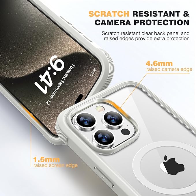 Diaclara Magnetic for iPhone 15 Pro Case, [Military-Grade Drop Proof & Fit for MagSafe] Built-in Shockproof Screen Protector, [Camera Lens Protector] Phone Cover for iPhone 15 Pro 6.1"(White)