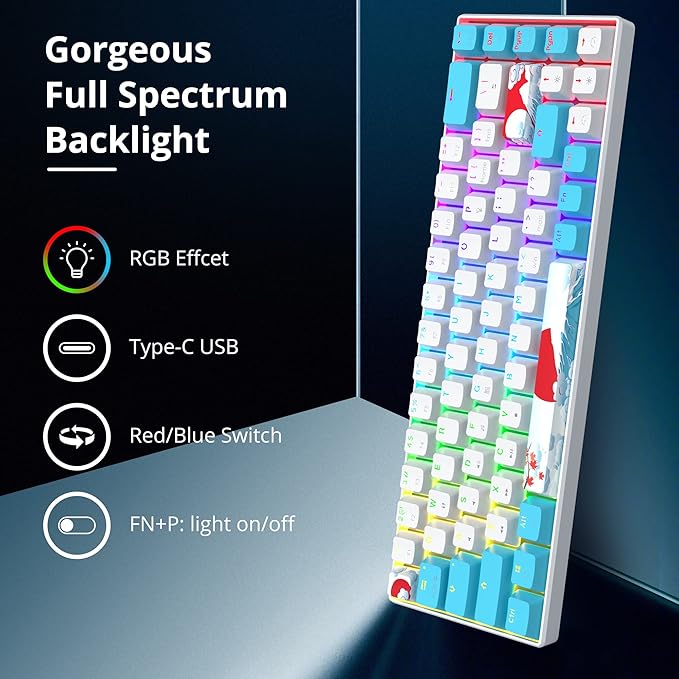 Owpkeenthy Portable 60% Mechanical Gaming Keyboard, Ultra Compact RGB Wired 65 Percent Mini Office Keyboard Backlit with Red Switch for PC/PS5/XBOX(Blue/ 68 Red Switch)