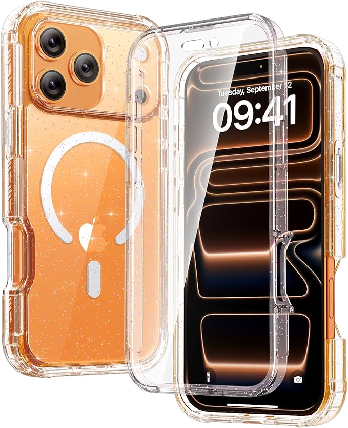 Diaclara Magnetic Designed for iPhone 17 Pro Max Case Full Body Bumper,[Compatible with MagSafe] Military Drop Proof Cover with Built-in Touch Sensitive Anti-Scratch Screen Protector, Clear Glitter
