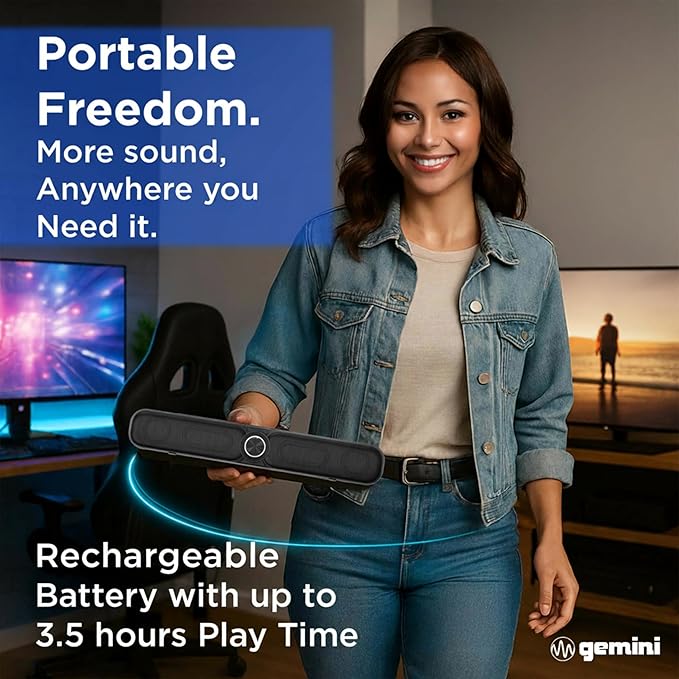 Gemini Portable Bluetooth Soundbar with FM Radio, USB & microSD Wireless Speaker with 3600mAh Battery, Multiple Input Modes, Compact Gaming & Outdoor Audio Bar (GSBR-20)