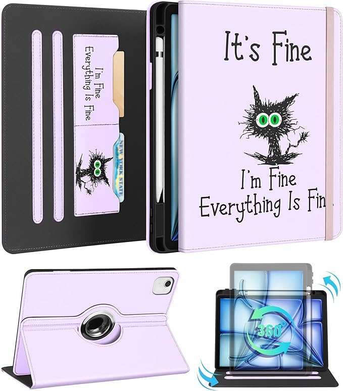 Kidcube for iPad Air 11 Inch Case M3/M2, Air 5th/4th Generation Cases 10.9'', Pro 11'' 2020 - Women Girls Aesthetic Cute Rotating Stand Folio Cover with Pencil Holder & Card Slot Girly Kawaii Cat