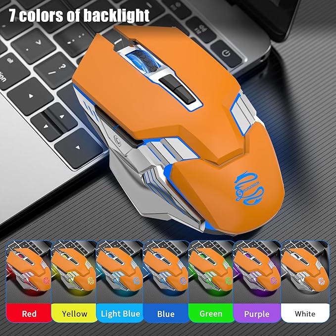 Bluetooth Gaming Mouse, RGB Rechargeable USB Wireless Mouse, Quiet Click, LED Backlit, Ergonomic, with Side Button, 6 Button, DPI Adjustable, Computer Mice for Laptop PC MacBook Chromebook - Orange