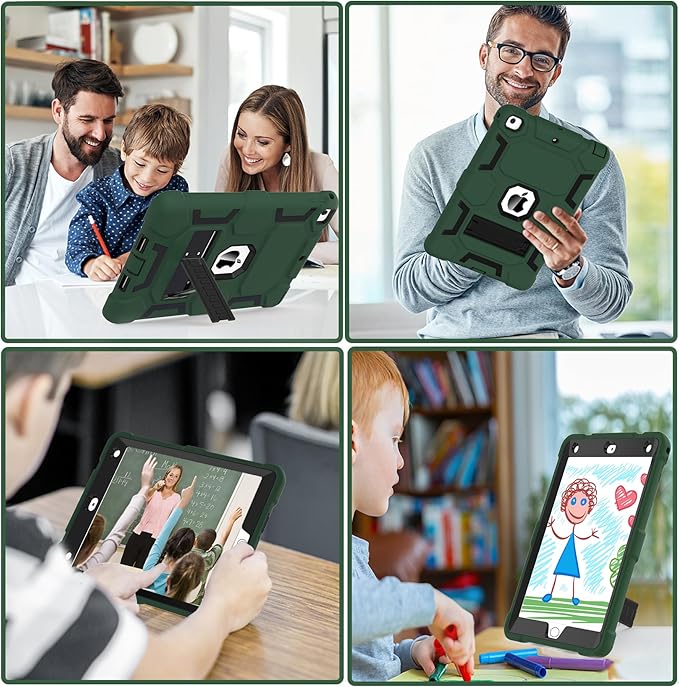 CCMAO Case for iPad 6th/5th Generation (9.7-inch, 2018/2017), iPad Air 2 Case (2014) with Kickstand, Hybrid Shockproof Protective iPad 9.7 Case, Dark Green+Black